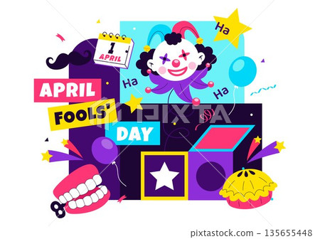Happy April Fools Day Celebration Illustration Featuring A Jester Hat And Surprise Box To Trick People In Flat Cartoon Holiday Style Background Happy April Fools Day Celebration Illustration Featuring A Jester Hat And Surprise Box To Trick People In Flat Cartoon Holiday Style Background 135655448