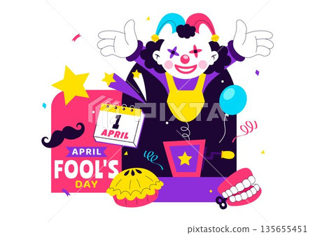Happy April Fools Day Celebration Illustration Featuring A Jester Hat And Surprise Box To Trick People In Flat Cartoon Holiday Style Background Happy April Fools Day Celebration Illustration Featuring A Jester Hat And Surprise Box To Trick People In Flat Cartoon Holiday Style Background 135655451