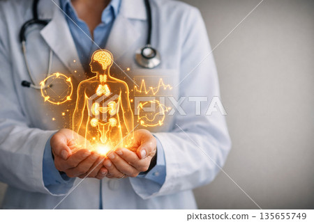 AI generated clinician holding glowing endocrine system hologram with hormone cycle charts and clean copy space for healthcare technology endocrinology diagnosis and medical innovation 135655749