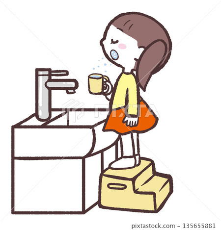 Illustration of a girl gargling in the sink 135655881