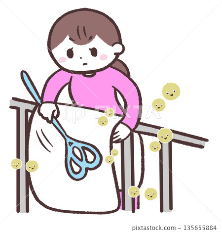 Illustration of a woman brushing pollen off her futon Illustration of a woman brushing pollen off her futon 135655884