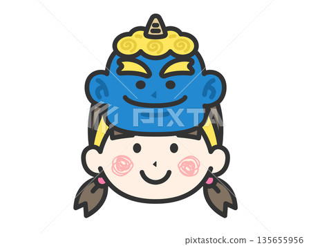 戴著藍色惡魔面具的女孩插圖(線條描彩色) 戴著藍色惡魔面具的女孩插圖(線條描彩色) 135655956