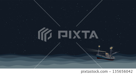 Fishing boat on the sea at night vector illustration. Ocean with ship, star and night sky background. 135656042