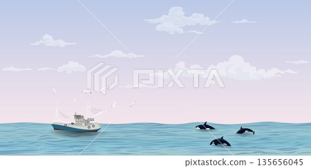 Seascape with fishing boat followed by seagulls and killer whale pack have dramatic sky background vector illustration. Ocean with ship, seagulls, orca, sky and clouds background. Seascape with fishing boat followed by seagulls and killer whale pack have dramatic sky background vector illustration. Ocean with ship, seagulls, orca, sky and clouds background. 135656045