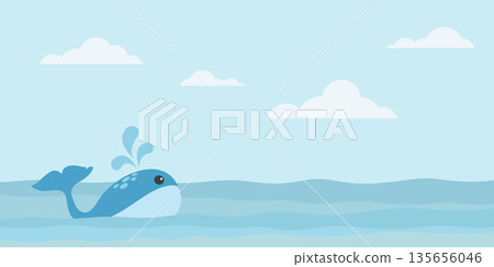 Cute whale swimming in the sea vector illustration. Whale in the ocean flat design have blank space. Cute whale swimming in the sea vector illustration. Whale in the ocean flat design have blank space. 135656046