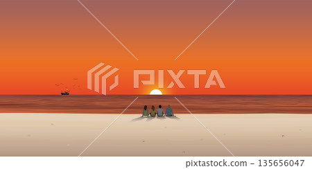 Group of friends sitting together on the beach at sunset with fishing boat followed by seagulls on the horizon vector illustration. Friendship's travelling concept flat design have blank space. 135656047