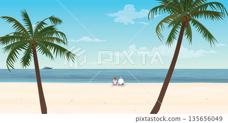 Couple of lover sitting on the beach with yacht at the horizon vector illustration. Traveling date concept flat design. 135656049