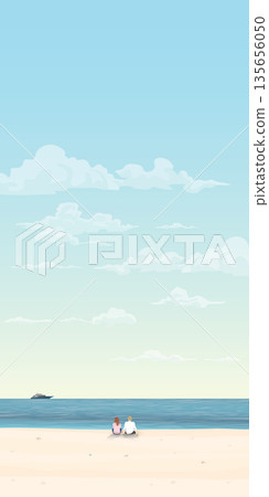 Couple of lover sitting on the beach with yacht at the horizon vector illustration. Traveling date concept flat design vertical shape have blank space. Couple of lover sitting on the beach with yacht at the horizon vector illustration. Traveling date concept flat design vertical shape have blank space. 135656050