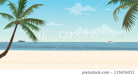 White sand beach with yacht at the horizon have coconut tree foreground vector illustration. Tropical blue sea concept flat design. 135656051