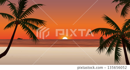 Sunset at white sand beach with yacht at the horizon have silhouetted coconut tree foreground vector illustration. seaside sunset concept flat design. Sunset at white sand beach with yacht at the horizon have silhouetted coconut tree foreground vector illustration. seaside sunset concept flat design. 135656052