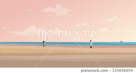 Couple of lover meeting on field at coastal have tropical blue sea and vanilla sky background vector illustration. Valentine's day concept flat design have blank space. 135656054