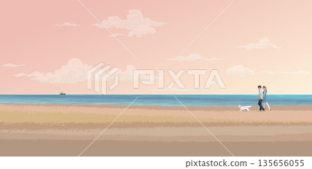 Couple of lover handling them dog walhing on field at coastal have tropical blue sea and vanilla sky background vector illustration. Valentine's day concept flat design have blank space. 135656055