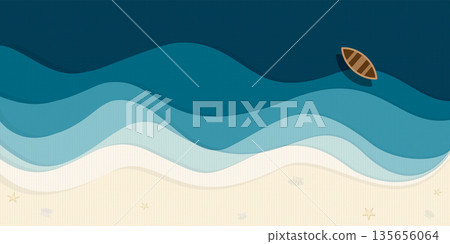 Abstract blue sea with boat and white sand beach top view vector illustration. Tropical blue sea concept flat design background. 135656064
