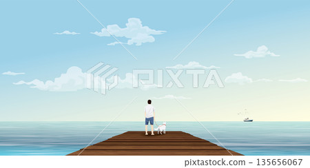 Man with his dog on wooden pier at seaside in the morning vector illustration. Travelling to the tropical blue sea concept have blank space. 135656067