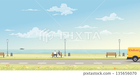 Couple of lover sitting on bench at seaside have local road through the park flat design vector illustration. Travelling of sweetheart concept. 135656070