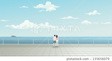 Couple of lover at view point of tropical blue sea vector illustration. Journey of sweetheart concept flat design. 135656079