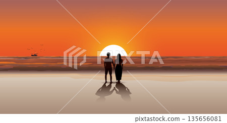 Couple of lover hand holding at the beach with sunset background vector illustration. Journey of sweetheart concept flat design. 135656081