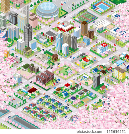 春日城市景觀。 3D城市景觀。 春日城市景觀。 3D城市景觀。 135656251