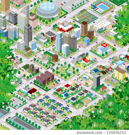 Fresh green cityscape. 3D cityscape. 135656252