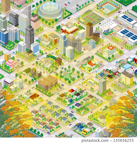 A cityscape with pollen scattering. A three-dimensional view of the cityscape. 135656255