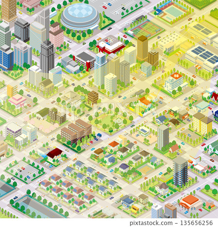 A hazy cityscape covered in yellow sand. A three-dimensional view of the cityscape. A hazy cityscape covered in yellow sand. A three-dimensional view of the cityscape. 135656256