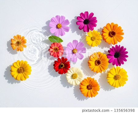 五彩繽紛的花朵漂浮在水面上。春夏時節。透明。潔淨。白色背景。 135656398
