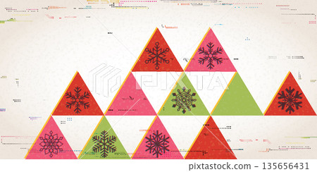 Colorful geometric shape with snowflakes overlap transparent with riso print effect vector illustration. Merry Christmas greeting card vintage printing style. Colorful geometric shape with snowflakes overlap transparent with riso print effect vector illustration. Merry Christmas greeting card vintage printing style. 135656431