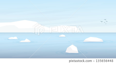 Ice floes and iceberg in the Arctic Ocean vector illustration. Snow landscape concept have blank space. Ice floes and iceberg in the Arctic Ocean vector illustration. Snow landscape concept have blank space. 135656448