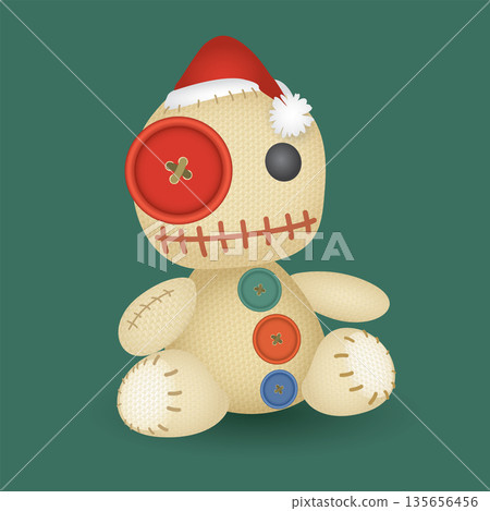 Voodoo Doll from sackcloth wearing Santa hat vector illustration. 135656456