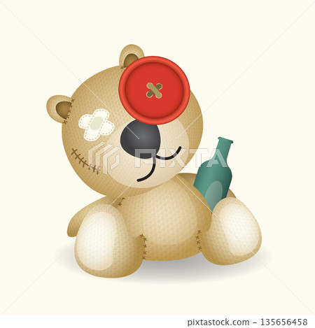 Voodoo bear Doll drunken made from sackcloth hug a bottle of liquor vector illustration. 135656458