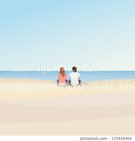 Couple of lover sitting on field at coastal and tropical blue sea in autumn season vector illustration. Valentine's day concept flat design. 135656464