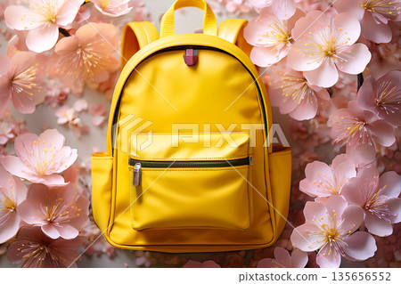 櫻花花瓣背景上的書包 135656552