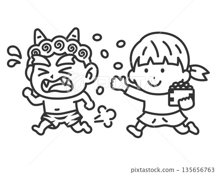 Illustration of a girl icon (line drawing) facing a red demon Illustration of a girl icon (line drawing) facing a red demon 135656763