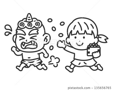 一幅女孩圖標（線條畫）與藍色惡魔對峙的插圖 135656765