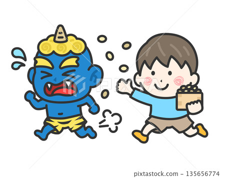 男孩圖示（線條描彩色）與藍色惡魔對峙的插圖 135656774