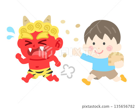 男孩圖示面對紅色惡魔的插圖 男孩圖示面對紅色惡魔的插圖 135656782