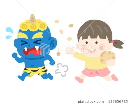 Illustration of a girl icon facing off against a blue demon Illustration of a girl icon facing off against a blue demon 135656785