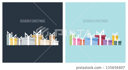 Season's greetings with colorful gift boxes geometric shapes vector illustration. Greeting card square template. 135656807