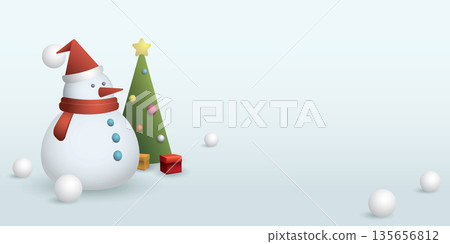 Snowman with decorated christmas tree geometric shapes 3D style vector illustration. Merry Christmas and happy new year greeting card template have blank space. Snowman with decorated christmas tree geometric shapes 3D style vector illustration. Merry Christmas and happy new year greeting card template have blank space. 135656812