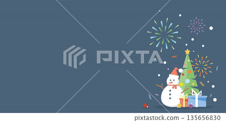 Colorful geometric Christmas elements with firework on dark blue background have blank space. Merry Xmas and Happy New Year greeting card vector illustration template. Colorful geometric Christmas elements with firework on dark blue background have blank space. Merry Xmas and Happy New Year greeting card vector illustration template. 135656830