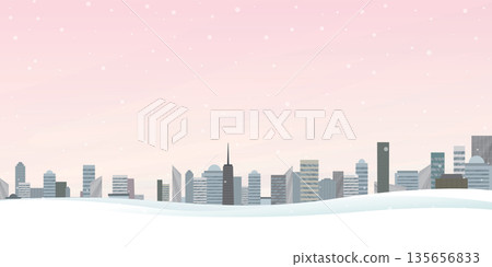 Cityscape with snowfall and vanilla sky vector illustration have blank space. Buildings silhouette against the sky in winter flat design. Cityscape with snowfall and vanilla sky vector illustration have blank space. Buildings silhouette against the sky in winter flat design. 135656833