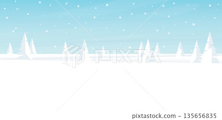 Snow landscape with geometric pine forest and snowfall on blue sky background have blank space. Merry Xmas and Happy New Year greeting card vector illustration template. 135656835