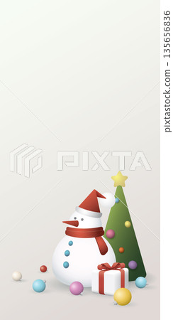 Snowman with decorated christmas tree geometric shapes 3D style vector illustration. Merry Christmas and happy new year greeting card vertical template have blank space. 135656836