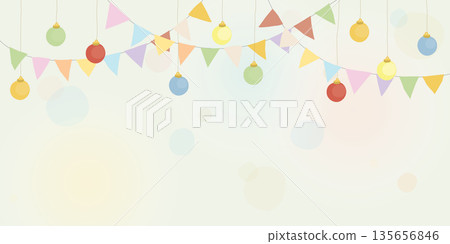 Pastel hanging flag garlands and evening balls with blurred background vector illustration childish style. Party background doodle lines template have blank space. Pastel hanging flag garlands and evening balls with blurred background vector illustration childish style. Party background doodle lines template have blank space. 135656846