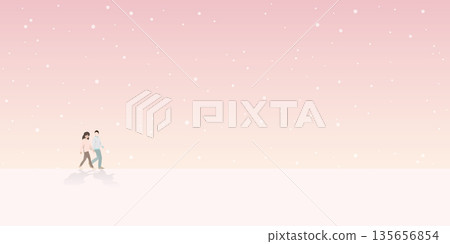 Couple of lover walking together with dramatic sky background and snowfall vector illustration have blank space. Valentine's day greeting card template. Couple of lover walking together with dramatic sky background and snowfall vector illustration have blank space. Valentine's day greeting card template. 135656854