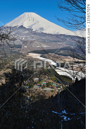 Mount Fuji, covered in snow and surrounded by a snow-covered forest, seen from the Kurodake Observation Plaza in the Ashitaka Mountains Mount Fuji, covered in snow and surrounded by a snow-covered forest, seen from the Kurodake Observation Plaza in the Ashitaka Mountains 135657074