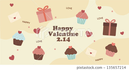 情人節橫幅、紙杯蛋糕和禮物背景 情人節橫幅、紙杯蛋糕和禮物背景 135657214