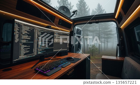 The Digital Nomad Lifestyle: Van Life and Engineering in the Misty Forest 135657221