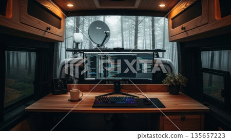 The Digital Nomad Lifestyle: Van Life and Engineering in the Misty Forest 135657223