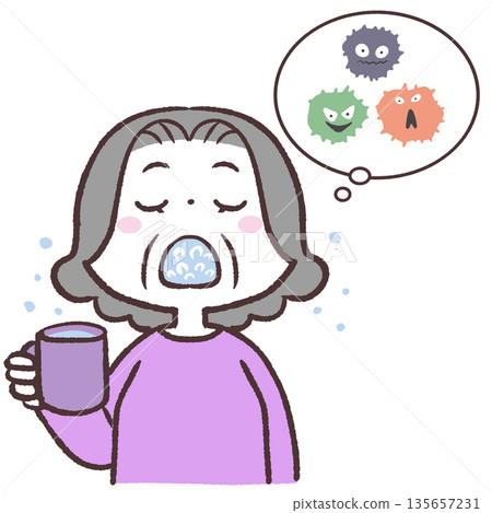 Illustration of a senior woman gargling to flush out viruses 135657231